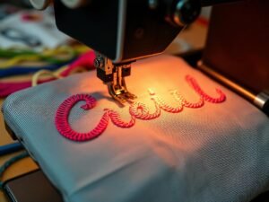 Embroidery machine stitching a colorful design onto blue fabric