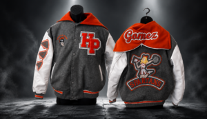 Custom letterman jackets with personalized embroidered patches and coordinated colors