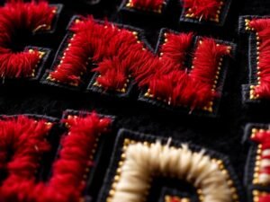 Close-up of custom red and black embroidered lettering with textured chenille patch details.
