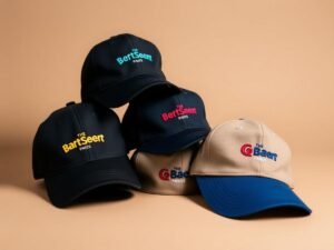 Collection of custom embroidered caps in black, white, and blue with colorful logo designs.