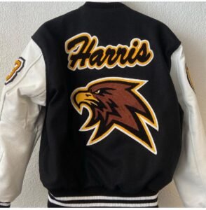 Custom black and cream letterman jacket with gold “Harris” lettering and a red and gold hawk embroidered on the back.