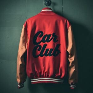 Red custom letterman jacket with large embroidered lettering on the back