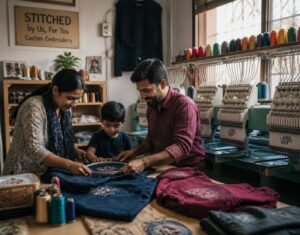 IDC Embroidery owner with family reviewing custom embroidered apparel in their embroidery workshop.