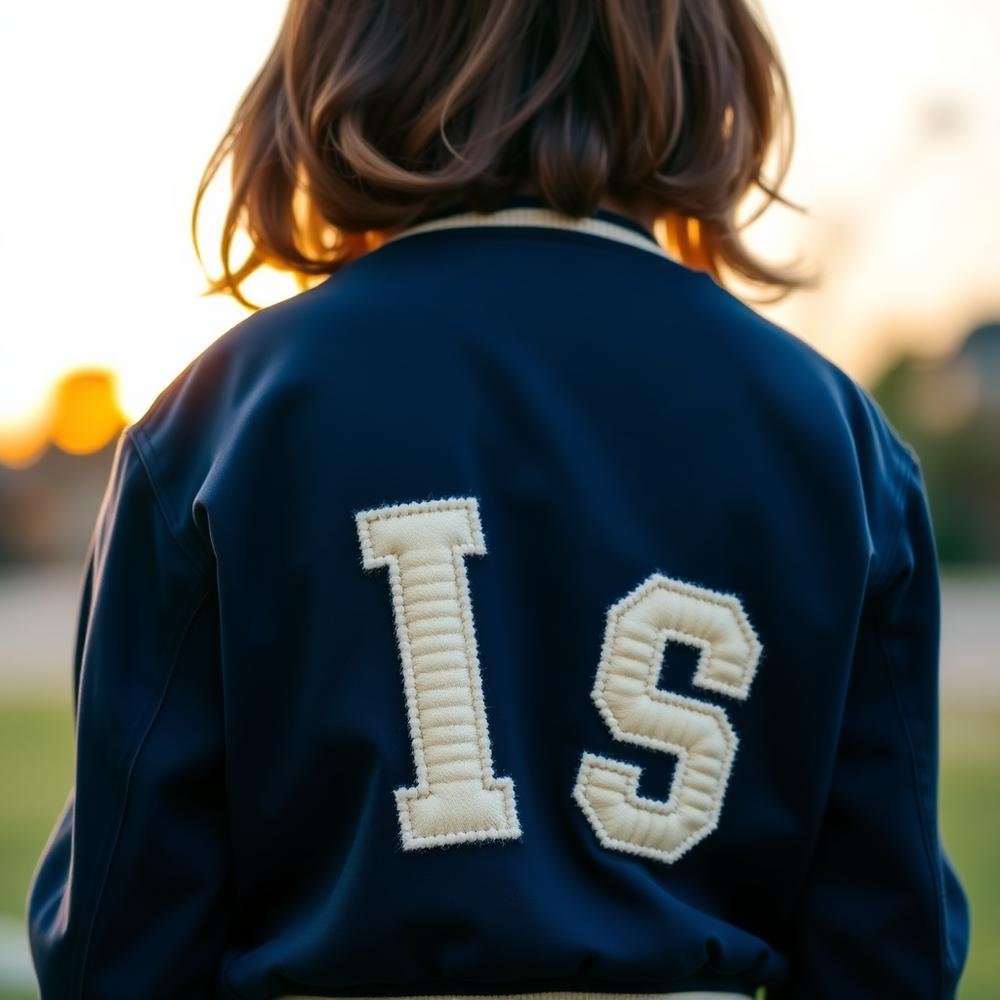 Navy letterman jacket with large white chenille letter patches on the back