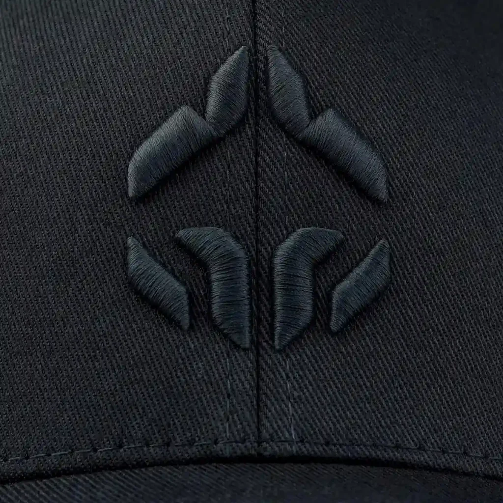 Black custom cap with raised 3D embroidered logo on the front