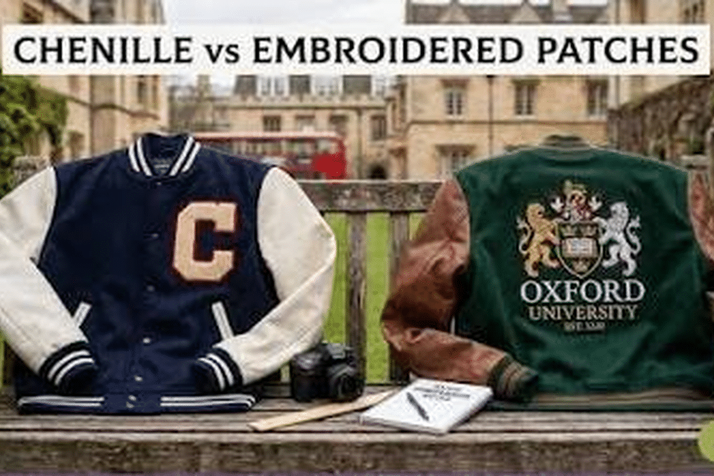 Varsity jackets showing chenille lettering and detailed embroidered patch designs