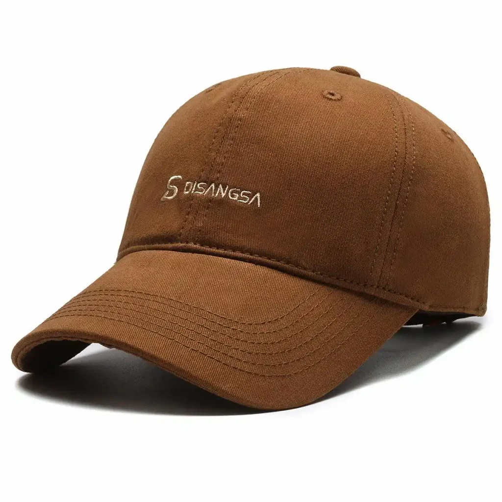 Brown baseball cap with embroidered logo and curved brim.