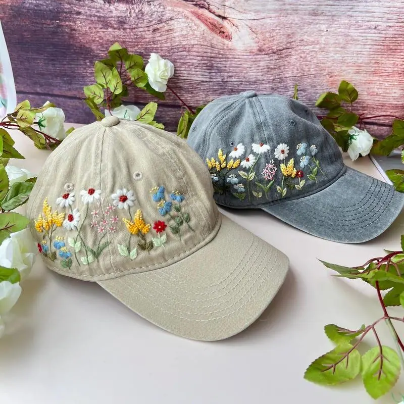 Custom embroidered hats with colorful floral stitching in Bellflower