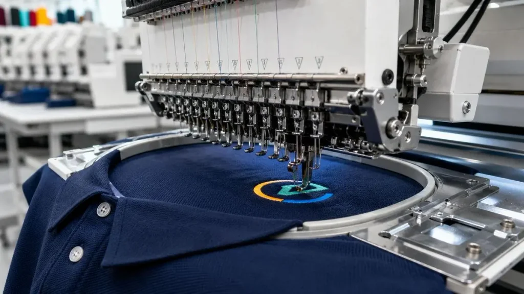 Commercial embroidery machine stitching a detailed logo onto a navy polo shirt.
