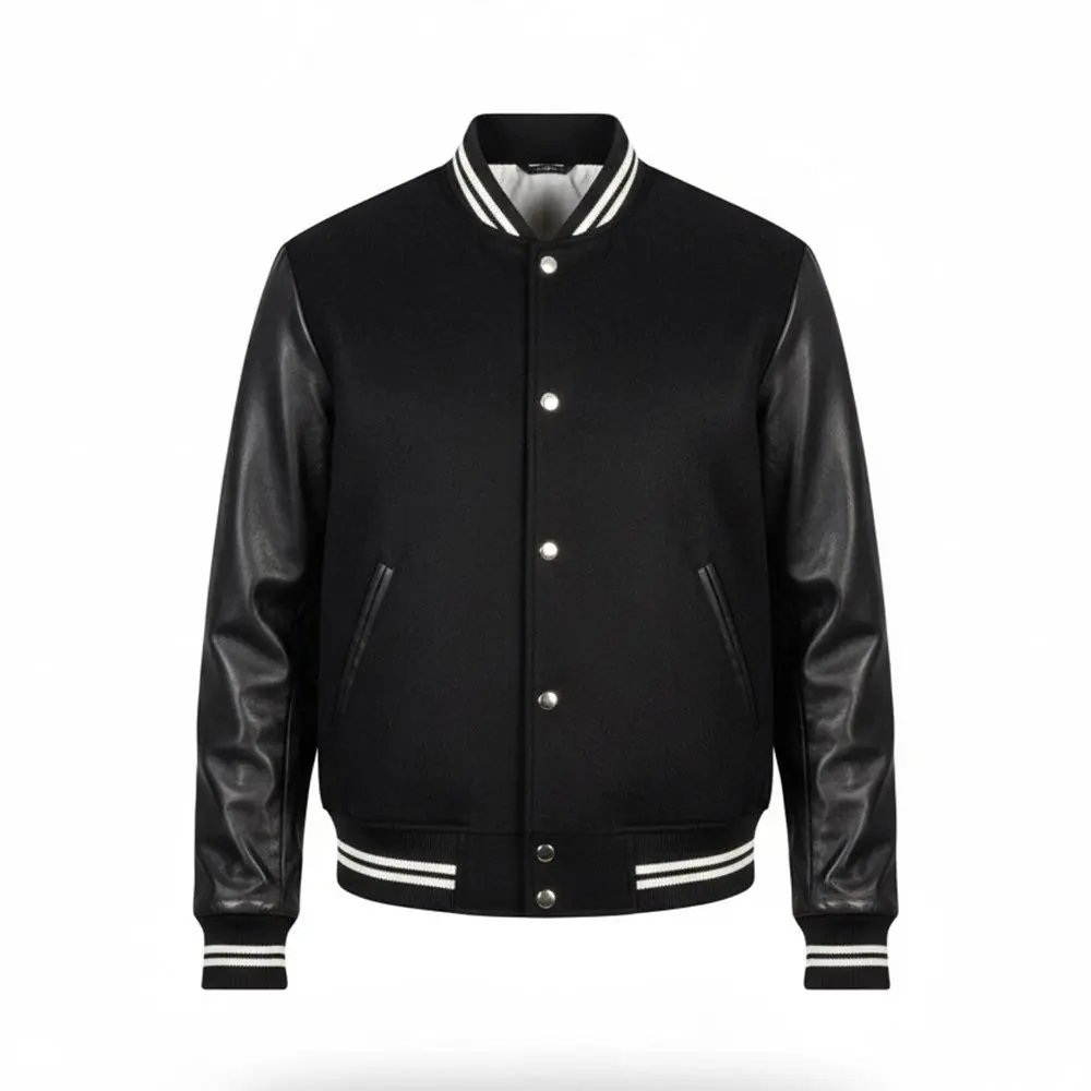 Black varsity jacket with wool body and leather sleeves.