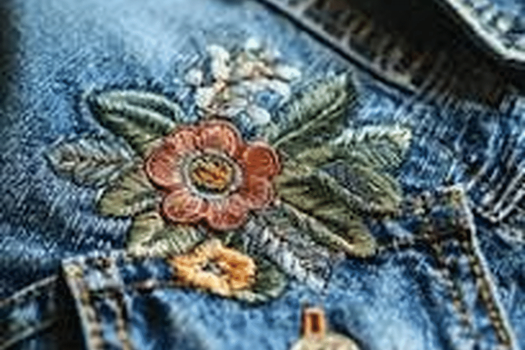 Detailed floral embroidered patch applied to blue denim fabric