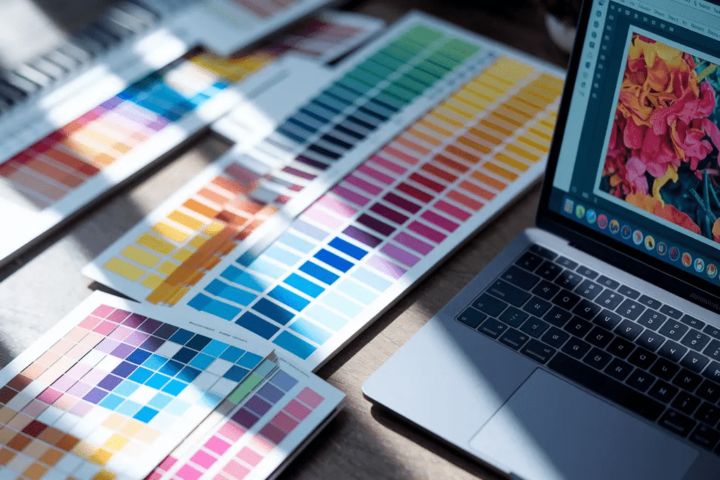 Color swatches beside a laptop for creating a consistent product color palette