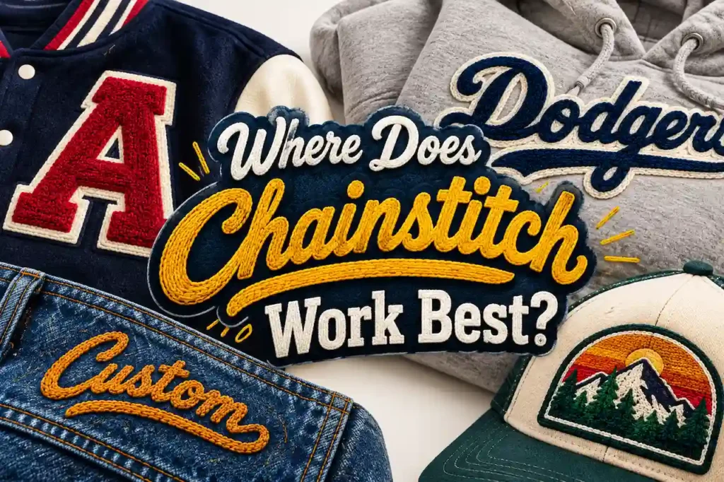 Chainstitch embroidery on varsity jackets, hoodies, denim, and custom embroidered apparel