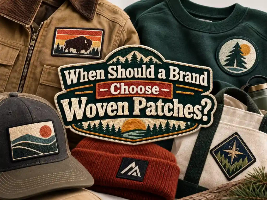 Woven patches displayed on workwear, sweatshirt, cap, beanie, and tote bag for custom brand apparel