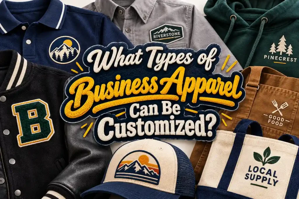 Custom business apparel including polo shirts, jackets, hoodies, caps, aprons, and tote bags