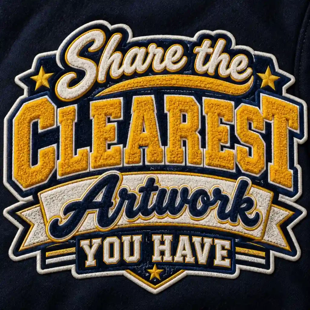 Custom varsity-style embroidered artwork with chenille lettering and detailed stitching.
