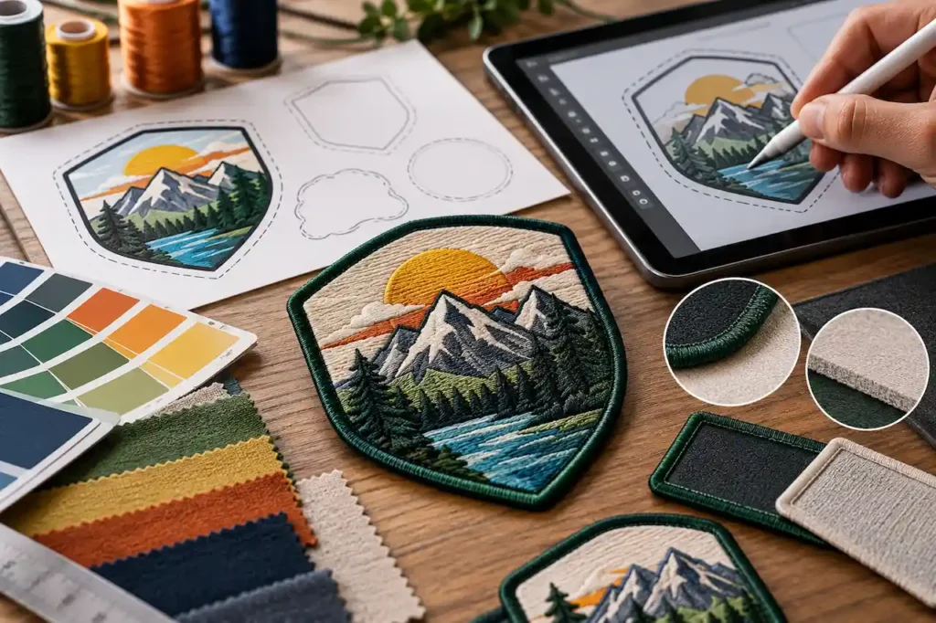Custom embroidered patch artwork with shape, colors, and border details.