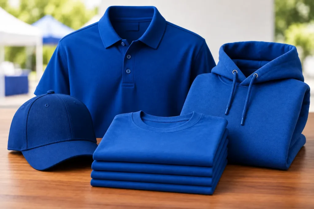 Matching blue polo shirt, hoodie, T-shirts, and cap for team events