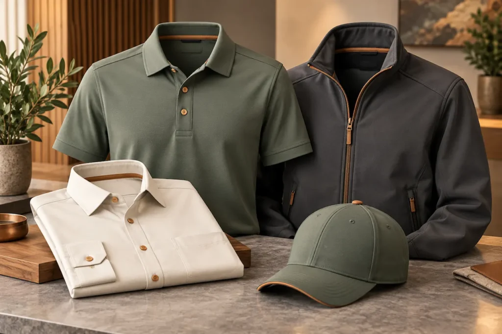 Coordinated olive green polo shirt, charcoal jacket, cream shirt, and matching cap for professional business apparel