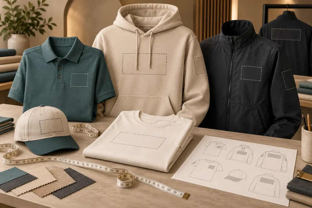 Custom apparel showing embroidery and logo placement areas on polo shirts, hoodies, jackets, T-shirts, and caps