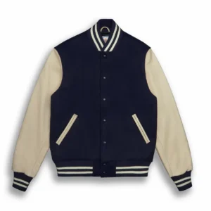 Custom varsity letterman jacket hanging on a wooden hanger, showing its contrasting sleeves, ribbed cuffs and classic design.