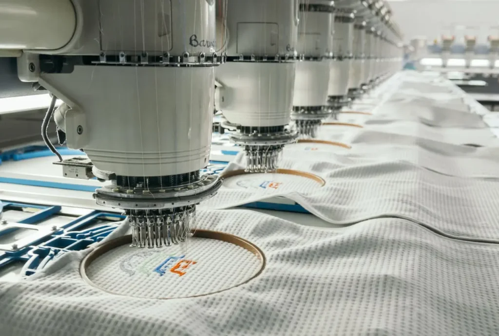 Industrial embroidery machine stitching a custom design onto fabric