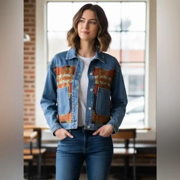 Denim jacket with decorative fabric patchwork and stitching