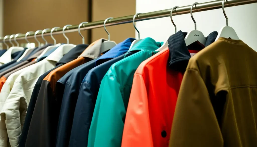 Multiple jackets arranged neatly on hangers, representing organized apparel orders for school and sports teams.